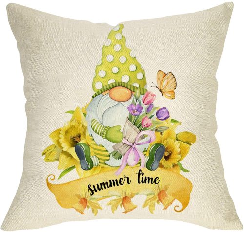 Yanfind Summer Time Gnome Decorative Throw Pillow Cover, Tulip Bouquet Daffodil Flowers Cushion Case, Butterfly Seasonal Home Decorations Cotton Linen Outside Pillowcase Decor for Sofa Couch 18 x 18