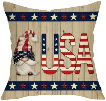 Yanfind USA Gnome Decorative Throw Pillow Cover, America Star Stripe Red Blue Cushion Case, Patriotic July 4th Summer Home Decorations Cotton Linen Outside Square Pillowcase Decor for Sofa Couch 18x18