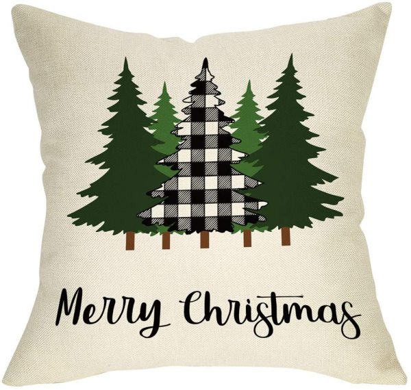 Yanfind Merry Christmas Throw Pillow Cover, Decorative Xmas Tree Sign Cushion Case Buffalo Plaid, Farmhouse Home Winter Holiday Square Pillowcase Decor for Sofa Couch 18’’ x 18’’ Inch Cotton Linen