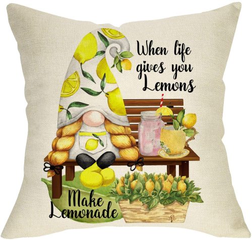 Yanfind Summer Gnome Decorative Farmhouse Throw Pillow Cover, When Life Gives You Lemons Make Lemonade Sign Cushion Case, Home Decorations Cotton Linen Outside Pillowcase Decor for Sofa Couch 18 x 18