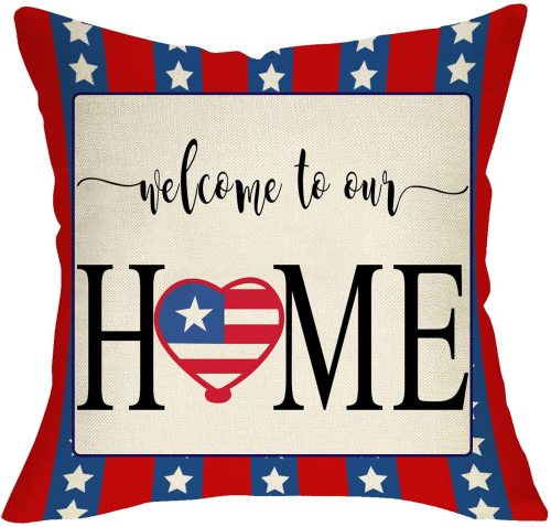 Yanfind Welcome to Our Home Decorative Throw Pillow Cover, American July 4th Red Blue White Star Stripes Heart Cushion Case, USA Patriotic Decoration Farmhouse Pillowcase Decor for Sofa Couch 18 x 18