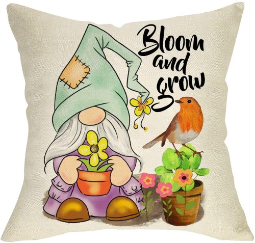 Yanfind Spring Gnome Decorative Throw Pillow Cover, Bloom and Grow Bird Sign Cushion Case, Home Flower Butterfly Decorations Cotton Linen Square Outside Pillowcase Decor for Sofa Couch 18 x 18