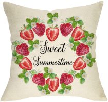 Yanfind Sweet Summertime Decorative Throw Pillow Cover, Summer Strawberry Wreath Cushion Case, Seasonal Home Decorations Cotton Linen Square Outside Pillowcase Farmhouse Decor Sign for Couch 18 x 18