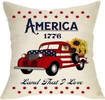 Yanfind July 4th America 1776 Decorative Throw Pillow Cover, Red Truck Sunflower Stars Cushion Case, Patriotic USA Home Decoration Cotton Linen Outside Pillowcase Farmhouse Decor Sign for Couch 18x18