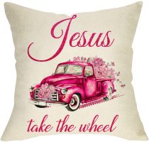 Yanfind Pink Truck Flower Decorative Throw Pillow Cover, Religious Take The Wheel Sign Farmhouse Cushion Case, Spring Home Inspirational Decorations Cotton Linen Pillowcase Decor for Sofa Couch 18x18