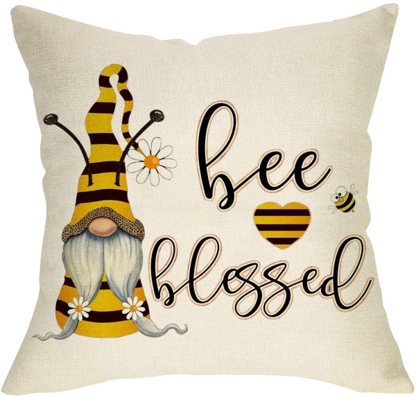 Yanfind Spring Summer Bee Gnome Decorative Farmhouse Throw Pillow Cover, Daisy Heart Cushion Case Be Blessed Sign, Seasonal Home Decorations Cotton Linen Square Outside Pillowcase Decor for Sofa 18x18