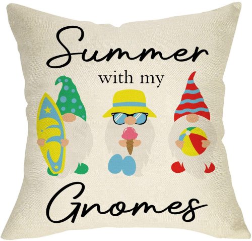 Yanfind Summer with My Gnomes Decorative Throw Pillow Cover, Tropical Beach Cushion Case Ice Cream Surfboard Football Home Decorations, Cotton Linen Outside Pillowcase Decor for Sofa Couch 18 x 18