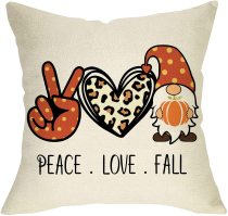 Yanfind Peace Love Fall Decorative Throw Pillow Cover, Autumn Pumpkin Gnome Leopard Heart Cushion Case, Seasonal Farmhouse Home Decorations Cotton Linen Square Pillowcase Decor for Sofa Couch 18 x 18