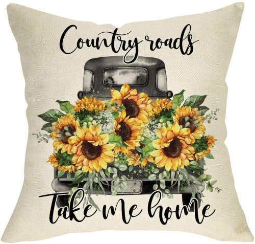 Yanfind Country Roads Take Me Home Decorative Farmhouse Throw Pillow Cover, Summer Watercolor Sunflower Truck Cushion Case, Spring Flower Home Decoration Outside Pillowcase Decor for Sofa Couch 18x18