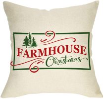 Yanfind Farmhouse Christmas Throw Pillow Cover, Xmas Tree Sign Decorative Cushion Case, Home Winter Decoration Holiday Square Pillowcase Decor for Sofa Couch 18’’ x 18’’ Inch Cotton Linen