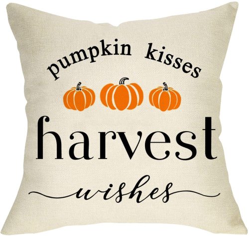 Yanfind Harvest Wishes Pumpkin Kisses Decorative Throw Pillow Cover, Farmhouse Quote Fall Cushion Case Seasonal Home Decorations Thanksgiving Square Pillowcase Autumn Decor for Sofa Couch 18 x 18 Inch