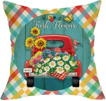 Yanfind Summer Fresh Flower Decorative Farmhouse Throw Pillow Cover, Buffalo Plaid Check Red Truck Daisy Butterfly Sunflower Cushion Case, Home Decoration Outside Pillowcase Decor for Sofa Couch 18x18