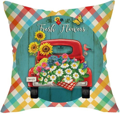 Yanfind Summer Fresh Flower Decorative Farmhouse Throw Pillow Cover, Buffalo Plaid Check Red Truck Daisy Butterfly Sunflower Cushion Case, Home Decoration Outside Pillowcase Decor for Sofa Couch 18x18