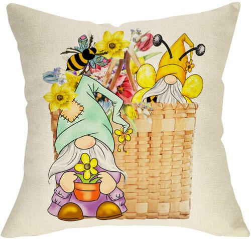 Yanfind Spring Gnome Decorative Throw Pillow Cover, Bee Gnome Flower Basket Sign Cushion Case, Seasonal Farmhouse Home Decorations Cotton Linen Square Pillowcase Decor for Sofa Couch 18 x 18
