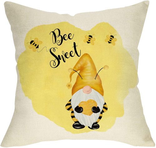 Yanfind Summer Bee Gnome Decorative Farmhouse Throw Pillow Cover, Bee Sweet Sign Cushion Case Spring Yellow Heart Seasonal Home Decorations, Cotton Linen Outside Pillowcase Decor for Sofa Couch 18x18