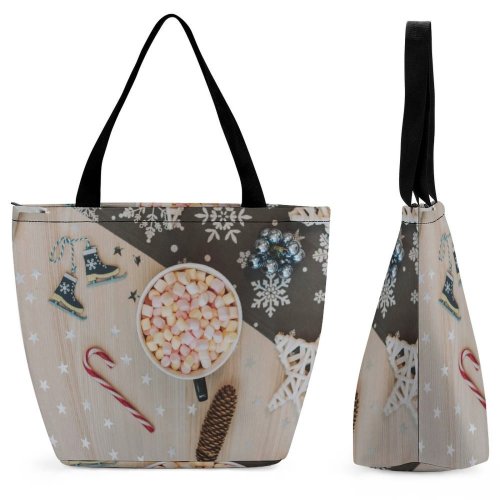 Yanfind Shopping Bag for Ladies Advent Snowflakes Design Season Merry Cup Cane Colorful Marshmallows Pine Reusable Multipurpose Heavy Duty Grocery Bag for Outdoors.
