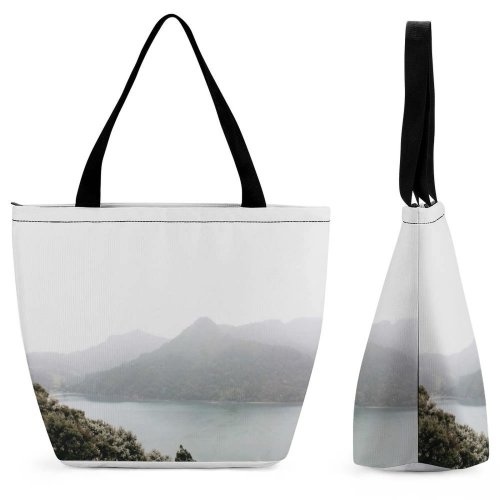 Yanfind Shopping Bag for Ladies Grey Outdoors Landscape Forest Tree Layers Lake Bush Flora Plant Vegetation Reusable Multipurpose Heavy Duty Grocery Bag for Outdoors.
