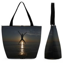 Yanfind Shopping Bag for Ladies Sea Happy Figure Sky Horizon Ocean Reflection Sunset Tree Calm Reusable Multipurpose Heavy Duty Grocery Bag for Outdoors.