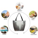 Yanfind Shopping Bag for Ladies Grey Fog Mist Tree Outdoors Forest Woodland River Rock Landscape Wildlife Reusable Multipurpose Heavy Duty Grocery Bag for Outdoors.