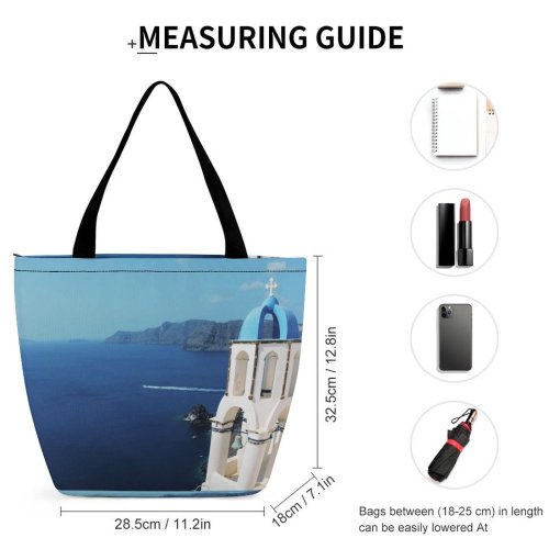 Yanfind Shopping Bag for Ladies Greece Building Bell Architecture Santorini Mirror Dome Sea Travel Column Pillar Reusable Multipurpose Heavy Duty Grocery Bag for Outdoors.