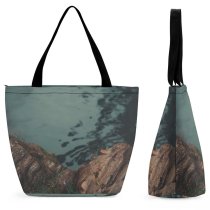 Yanfind Shopping Bag for Ladies Grey Rock Basin Rubble Ocean Outdoors Sea Flor Flower Reusable Multipurpose Heavy Duty Grocery Bag for Outdoors.
