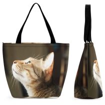 Yanfind Shopping Bag for Ladies Young Kitty Pet Side Kitten Tabby Whiskers Curiosity Cute Little Adorable Face Reusable Multipurpose Heavy Duty Grocery Bag for Outdoors.