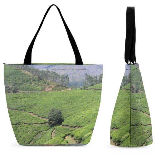 Yanfind Shopping Bag for Ladies Tea Gardens Hill Station Highland Natural Landscape Plantation Mountainous Landforms Vegetation Wilderness Reusable Multipurpose Heavy Duty Grocery Bag for Outdoors.