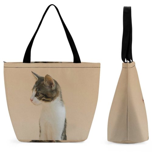 Yanfind Shopping Bag for Ladies Young Pet Funny Side Kitten Portrait Curiosity Cute Little Sit Cat Reusable Multipurpose Heavy Duty Grocery Bag for Outdoors.