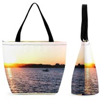 Yanfind Shopping Bag for Ladies Sunset Dusk Lake Fishing Boat Sky Horizon Sea Evening Sunrise Calm Reusable Multipurpose Heavy Duty Grocery Bag for Outdoors.