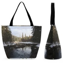 Yanfind Shopping Bag for Ladies River Spring Woods Forest Melting Brook Snow Winter Natural Landscape Reusable Multipurpose Heavy Duty Grocery Bag for Outdoors.
