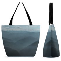 Yanfind Shopping Bag for Ladies Grey Outdoors Fog Mist Landscape Hills Countryside Range Stock Reusable Multipurpose Heavy Duty Grocery Bag for Outdoors.
