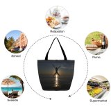 Yanfind Shopping Bag for Ladies Sea Happy Figure Sky Horizon Ocean Reflection Sunset Tree Calm Reusable Multipurpose Heavy Duty Grocery Bag for Outdoors.