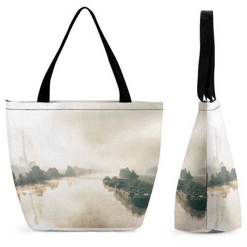 Yanfind Shopping Bag for Ladies Fog Boat Outdoors Mist Transportation Vehicle Building City Urban Landscape Metropolis Town Reusable Multipurpose Heavy Duty Grocery Bag for Outdoors.