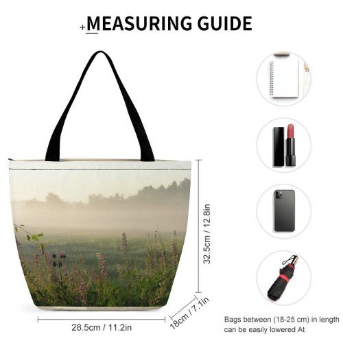 Yanfind Shopping Bag for Ladies Fog Field Morning Scandinavia Lupines Atmospheric Mist Vegetation Natural Landscape Haze Plant Reusable Multipurpose Heavy Duty Grocery Bag for Outdoors.