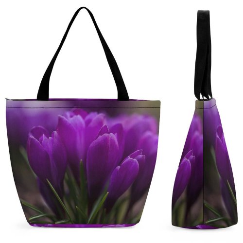 Yanfind Shopping Bag for Ladies Flower Crocus Plant Flora Purple Petal Dark Crocuses Leaf Concept Garden Reusable Multipurpose Heavy Duty Grocery Bag for Outdoors.
