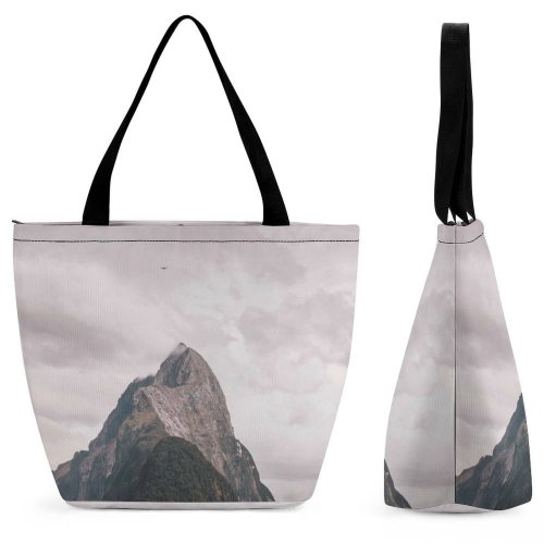 Yanfind Shopping Bag for Ladies Grey Outdoors Range Peak Zealand Milford Sound Southland Slope Birds Cliff Reusable Multipurpose Heavy Duty Grocery Bag for Outdoors.