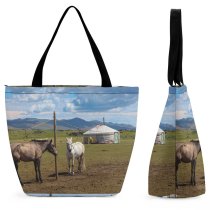 Yanfind Shopping Bag for Ladies Horse Field Grassland Outdoors Countryside Tent Farm Rural Meadow Pasture Uvurkhangai Mongolie Reusable Multipurpose Heavy Duty Grocery Bag for Outdoors.