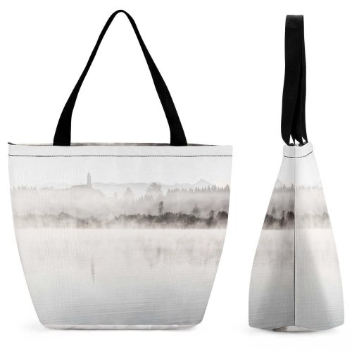 Yanfind Shopping Bag for Ladies Grey Outdoors Fog Mist Kirchsee Sachsenkam Deutschland Church Lake Peace Landscape Reusable Multipurpose Heavy Duty Grocery Bag for Outdoors.