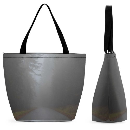 Yanfind Shopping Bag for Ladies Grey Fog Outdoors Mist Road Haze Tree Street Perspective Trip Silhouette Woodland Reusable Multipurpose Heavy Duty Grocery Bag for Outdoors.