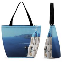 Yanfind Shopping Bag for Ladies Greece Building Bell Architecture Santorini Mirror Dome Sea Travel Column Pillar Reusable Multipurpose Heavy Duty Grocery Bag for Outdoors.