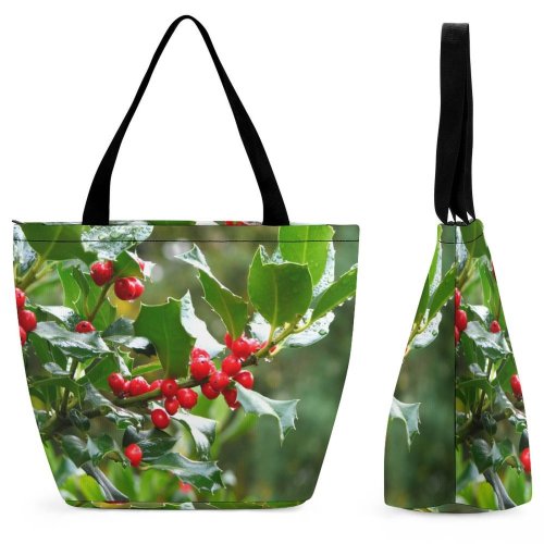 Yanfind Shopping Bag for Ladies Christmas Thanksgiving Holidays Berries Flower Flowering Plant Berry Fruit Heteromeles Tree Reusable Multipurpose Heavy Duty Grocery Bag for Outdoors.