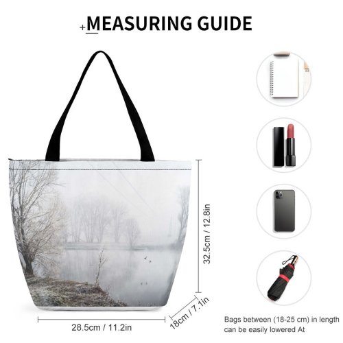 Yanfind Shopping Bag for Ladies Grey Fog Outdoors Birds Mist Isola Dovarese Italy Tree Path Lanscape Sunrise Reusable Multipurpose Heavy Duty Grocery Bag for Outdoors.