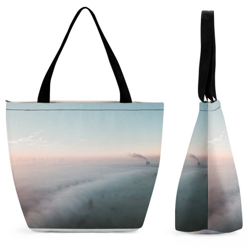 Yanfind Shopping Bag for Ladies Fog Grey Outdoors Mist Sky Lathumse Veerweg Velp Netherlands Mills Cloud Reusable Multipurpose Heavy Duty Grocery Bag for Outdoors.