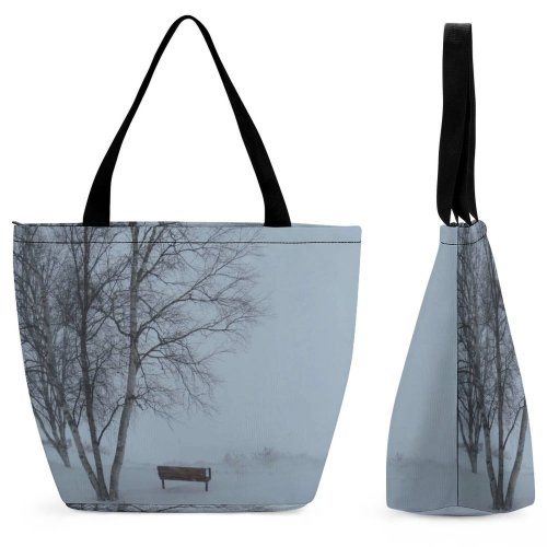 Yanfind Shopping Bag for Ladies Grey Outdoors Bench Snow Winter Furniture Blizzard Storm Thunder Bay Canadá Mist Reusable Multipurpose Heavy Duty Grocery Bag for Outdoors.