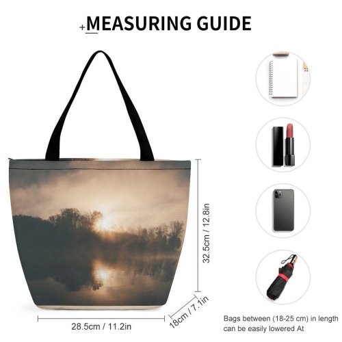Yanfind Shopping Bag for Ladies Fog Outdoors Mist Sunrise Light Sky Adventure Reflection Lake Tree River Reusable Multipurpose Heavy Duty Grocery Bag for Outdoors.