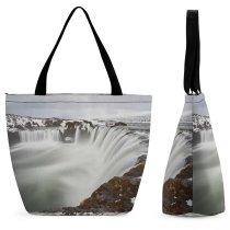 Yanfind Shopping Bag for Ladies Grey Iceland Snow Goeafoss Sightseeing Outdoors Waterfall March Rock Reusable Multipurpose Heavy Duty Grocery Bag for Outdoors.