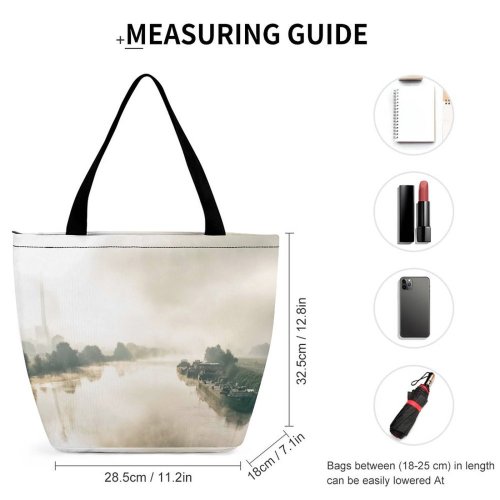 Yanfind Shopping Bag for Ladies Fog Boat Outdoors Mist Transportation Vehicle Building City Urban Landscape Metropolis Town Reusable Multipurpose Heavy Duty Grocery Bag for Outdoors.