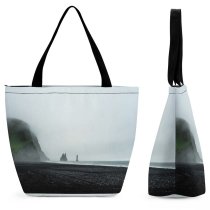 Yanfind Shopping Bag for Ladies Grey Coast Sea Ocean Cliffs Fog Beach Outdoors Overcast Cloudy Landscape Reusable Multipurpose Heavy Duty Grocery Bag for Outdoors.
