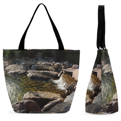 Yanfind Shopping Bag for Ladies Flowing Fountain Rocks Rock Watercourse Resources Pond Natural Landscape Boulder Bed Reusable Multipurpose Heavy Duty Grocery Bag for Outdoors.