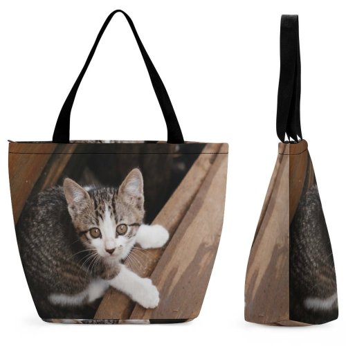 Yanfind Shopping Bag for Ladies Young Stripe Funny Kitten Wood Portrait Curiosity Cute Little Sit Cat Reusable Multipurpose Heavy Duty Grocery Bag for Outdoors.